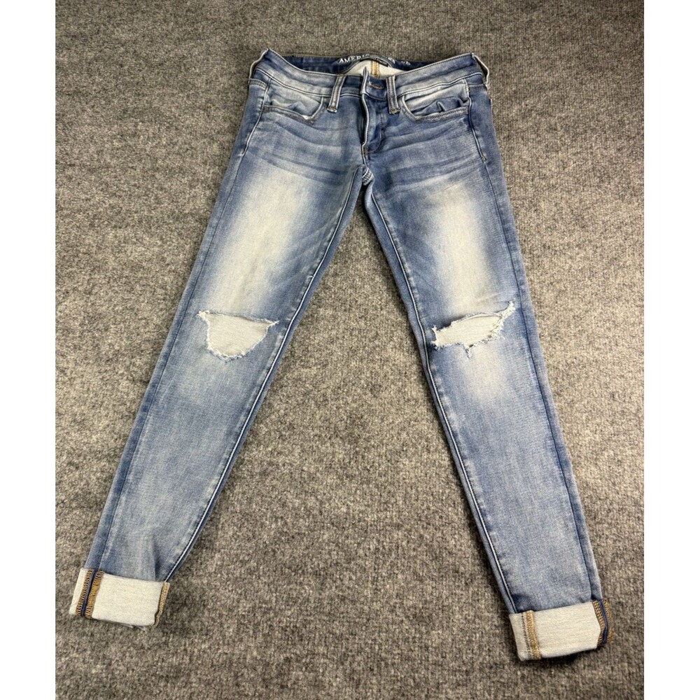 American Eagle Jeggings Size 2 Super Stretch Distressed Skinny Jeans Light Wash